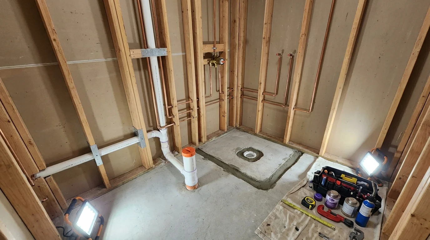 Bathroom rough-in plumbing during remodel by Johns Plumbing LLC in McCordsville