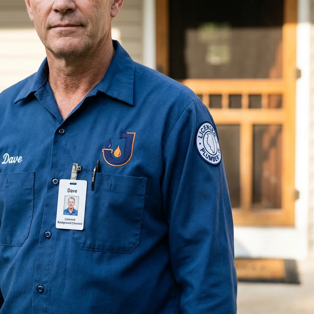 Licensed plumber showing ID badge in McCordsville, IN