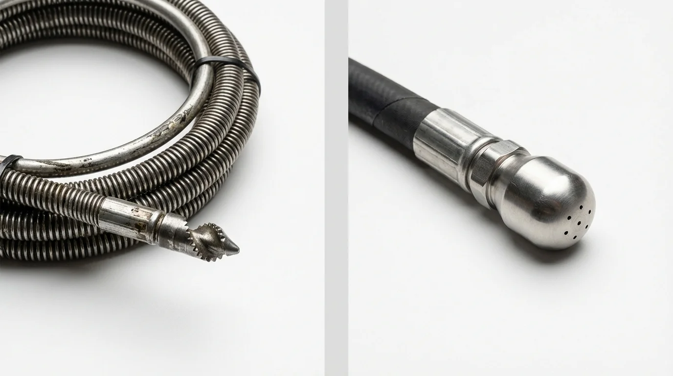 Drain snake cable and hydro jetting nozzle used for drain cleaning in McCordsville, IN