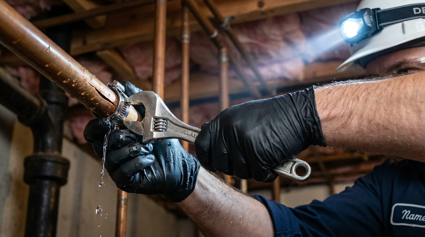 Emergency pipe clamp repair being performed by a Johns Plumbing LLC plumber in McCordsville