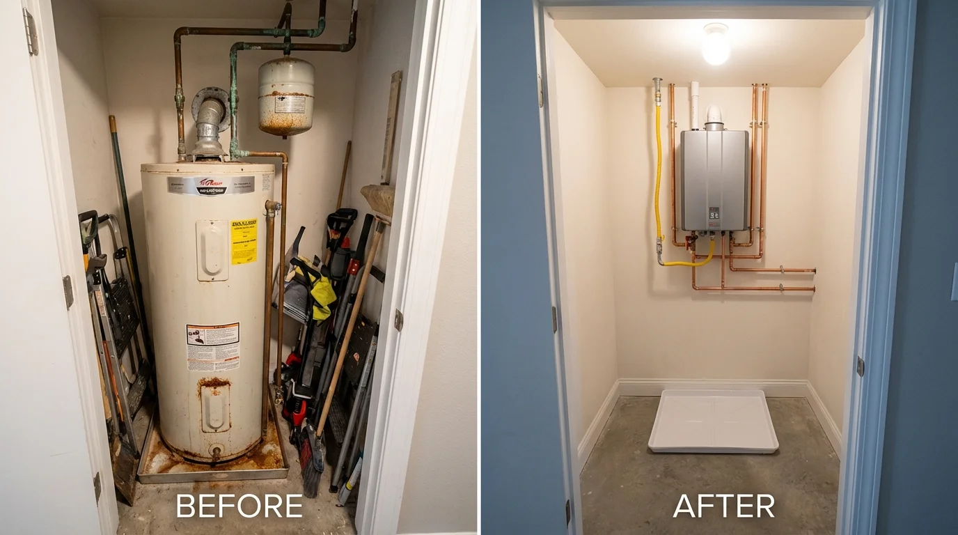 Tank water heater versus wall-mounted tankless unit comparison for McCordsville, IN homeowners