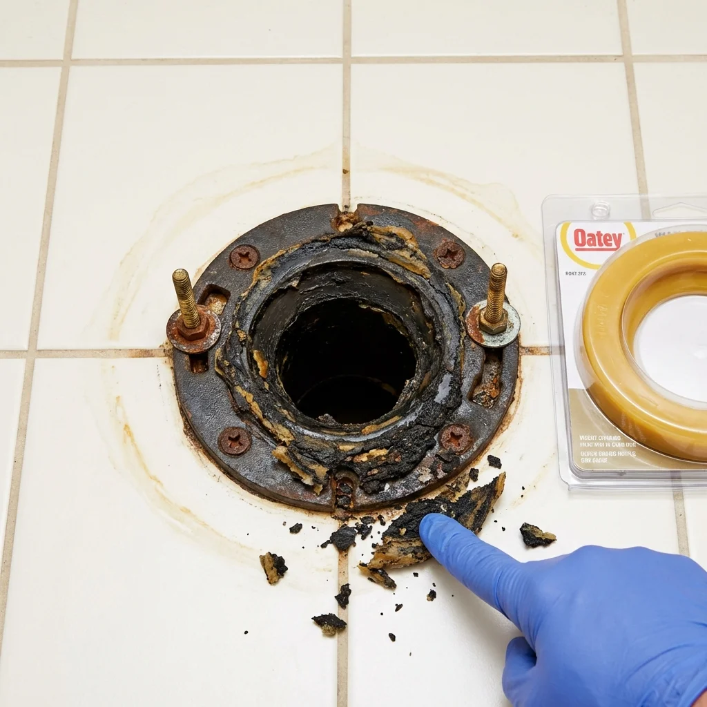 Failed wax ring showing water seepage at the base of a toilet in a McCordsville, IN home