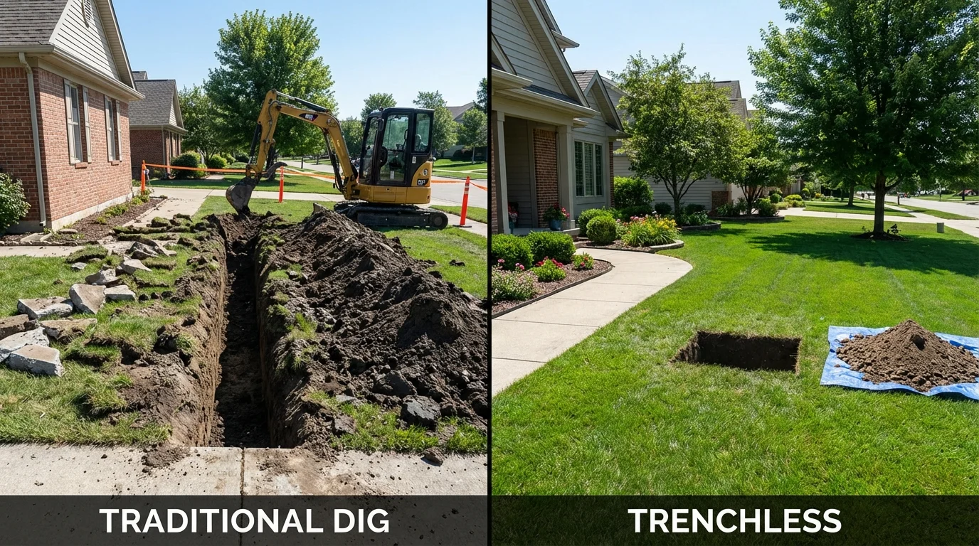 Trenchless sewer repair with minimal yard damage versus traditional excavation in McCordsville, IN