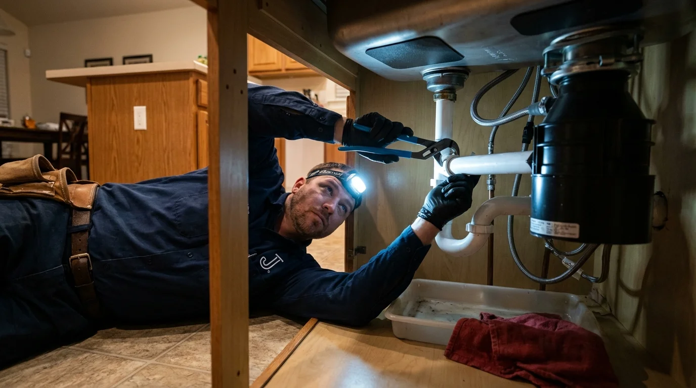 P-trap and supply line connections under a kitchen sink showing a common leak point in McCordsville, IN